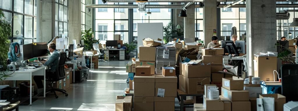 Bustling urban office space filled with cardboard boxes, desks, and employees working on computers in a bright, open environment.