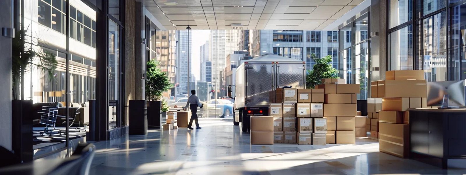 a bustling urban office space showcases a small silver moving company in action, with movers energetically packing boxes into an open truck against a backdrop of sleek city buildings.