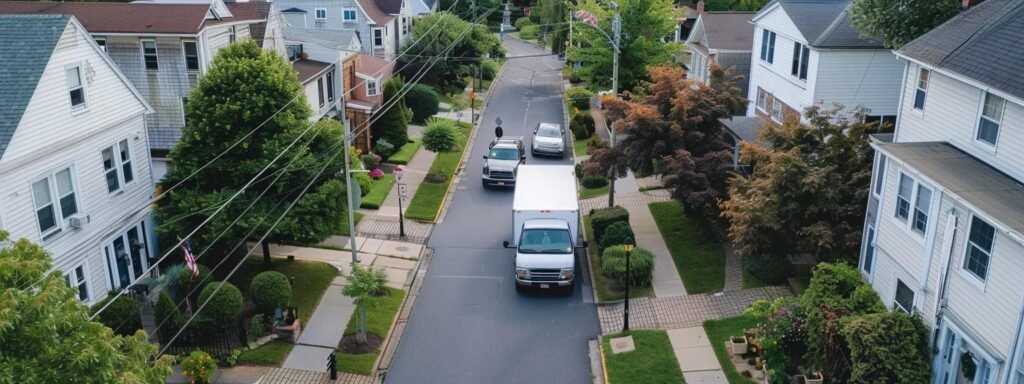 a bustling urban street in oceanport, nj, depicts a moving truck navigating narrow roads surrounded by charming vintage homes, with movers strategically coordinating the careful placement of boxes while adhering to local parking regulations.