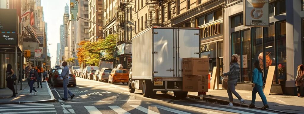 Bustling urban street scene with pedestrians crossing, delivery truck unloading boxes, and city buildings in the background.