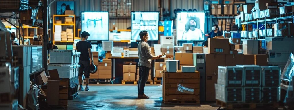 a busy indoor moving company office showcases professional staff engaging with clients, surrounded by stacked moving boxes and brightly lit screens displaying service options and consultations.