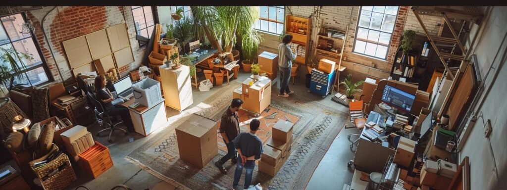 a busy moving company office filled with professional movers discussing moving insurance options while surrounded by packed boxes and vivid charts illustrating coverage plans.