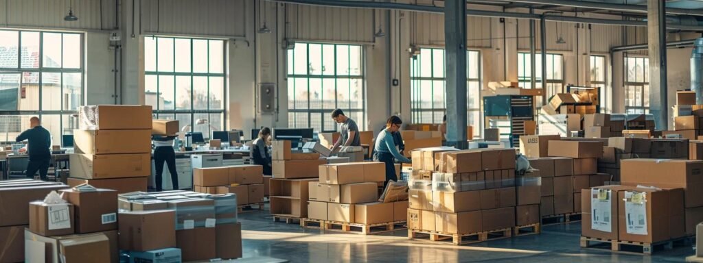 a busy office space showcases individuals efficiently packing boxes and organizing inventory as they prepare for an upcoming move, with clearly labeled containers stacked strategically around them.
