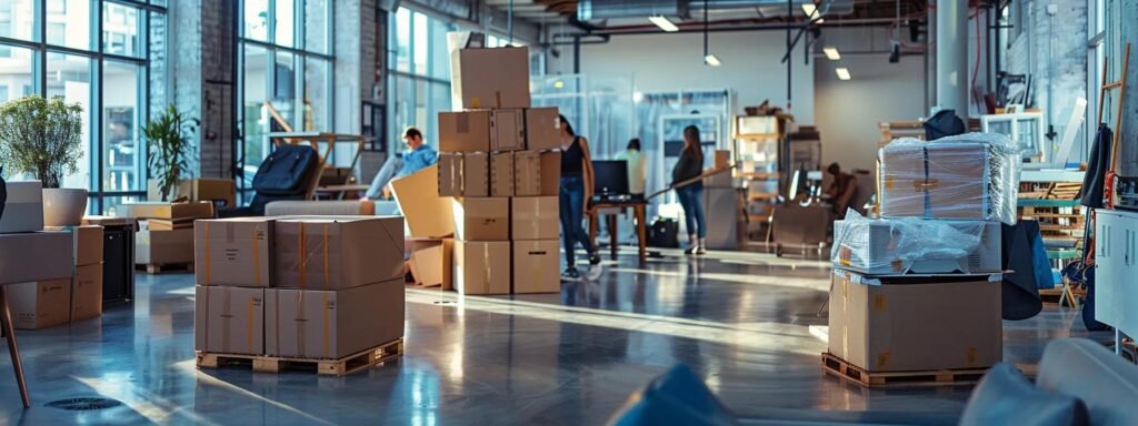 a busy, organized moving scene inside a well-lit, modern office space, showcasing professional movers expertly packing sturdy boxes with bubble wrap and packing paper while clearly labeled boxes await transportation.