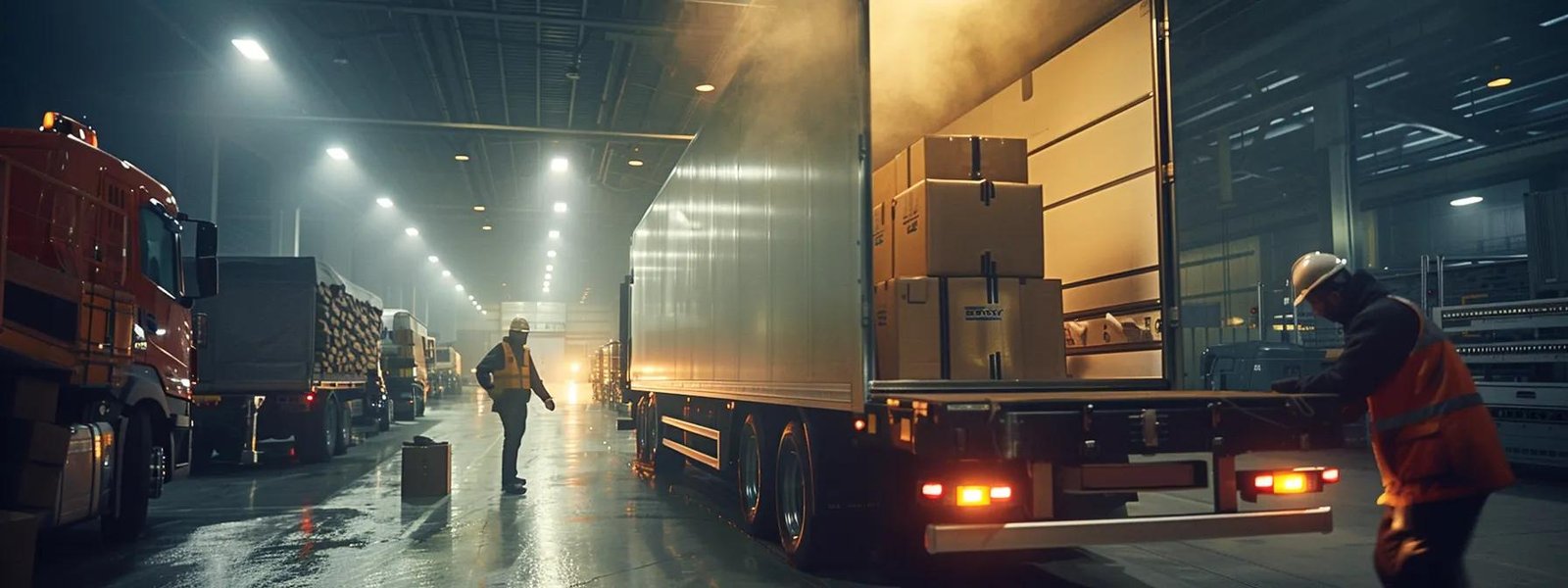 a dynamic indoor scene depicting a team of professional movers efficiently packing and loading boxes onto a moving truck in a bustling urban environment, illuminated by bright overhead lights that emphasize their focused teamwork.