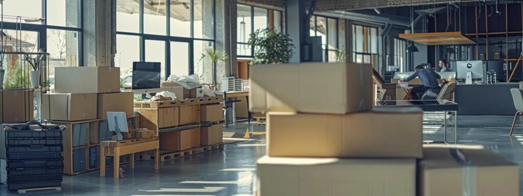 a dynamic indoor scene showcases professional movers efficiently packing and organizing boxes in a modern office setting, highlighting their meticulous process and the use of high-quality materials to ensure the safe handling of valuables.