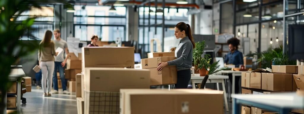 a dynamic office relocation scene captures a diverse team efficiently packing and organizing boxes in a stylish, modern workspace, emphasizing teamwork and the seamless transition of business operations.