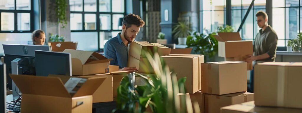 a dynamic office scene showcases a professional team efficiently packing boxes and organizing logistics, highlighting the value-added services offered by holmdel moving and packing company to enhance the moving experience.