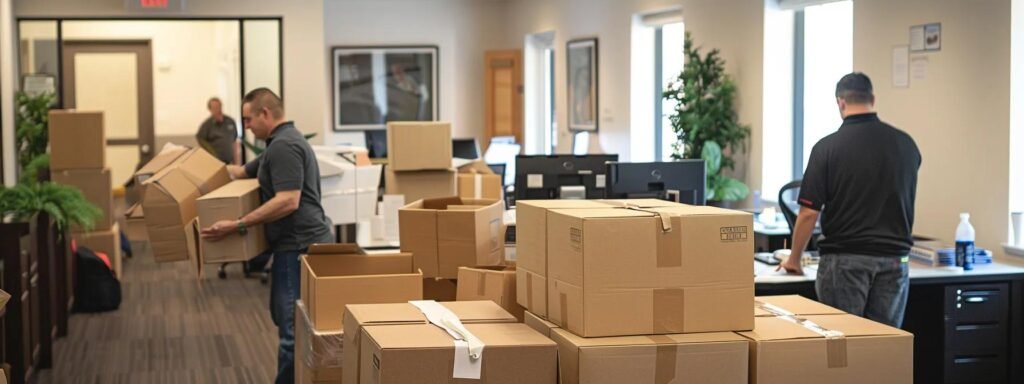 a dynamic office setting showcases a team of professional movers efficiently packing and organizing boxes with a focus on clear communication and meticulous planning, highlighting their expertise and commitment to exceptional service in millstone township.