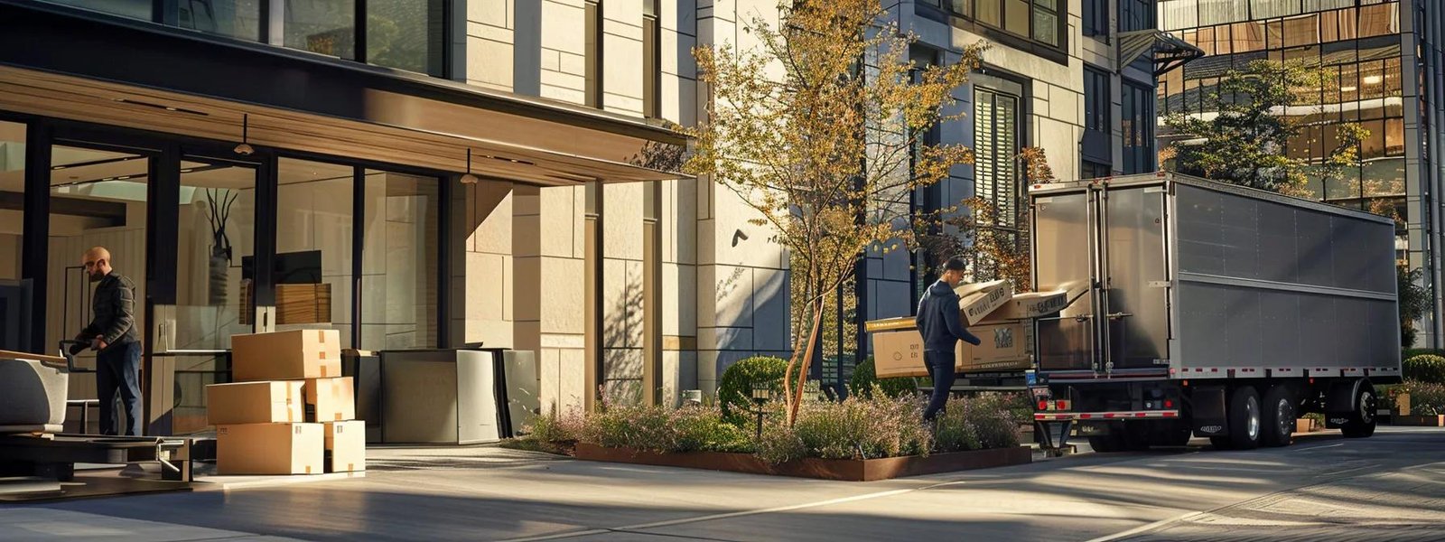 a dynamic urban moving scene captures movers energetically loading neatly packed boxes into a sleek, modern truck outside a contemporary residential building in millstone township, nj.