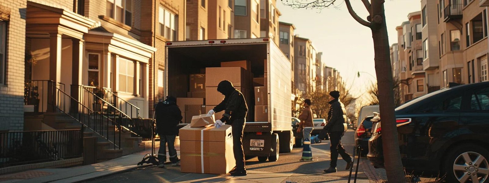 a dynamic urban moving scene captures a diverse team of professionals efficiently packing and organizing boxes into a modern moving truck in front of a bustling bradley beach apartment, showcasing teamwork and diligence in an indoor setting.