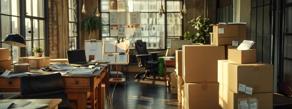 a dynamic urban office setting captures a team of professional movers efficiently organizing and packing boxes with clear labels, while a detailed checklist is prominently displayed in the foreground, emphasizing the meticulous preparation required for a successful move.