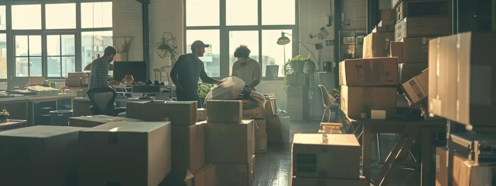 a dynamic urban office setting showcases a team of professional movers meticulously packing and organizing boxes in preparation for a relocation, emphasizing efficiency, teamwork, and care in handling clients' belongings.