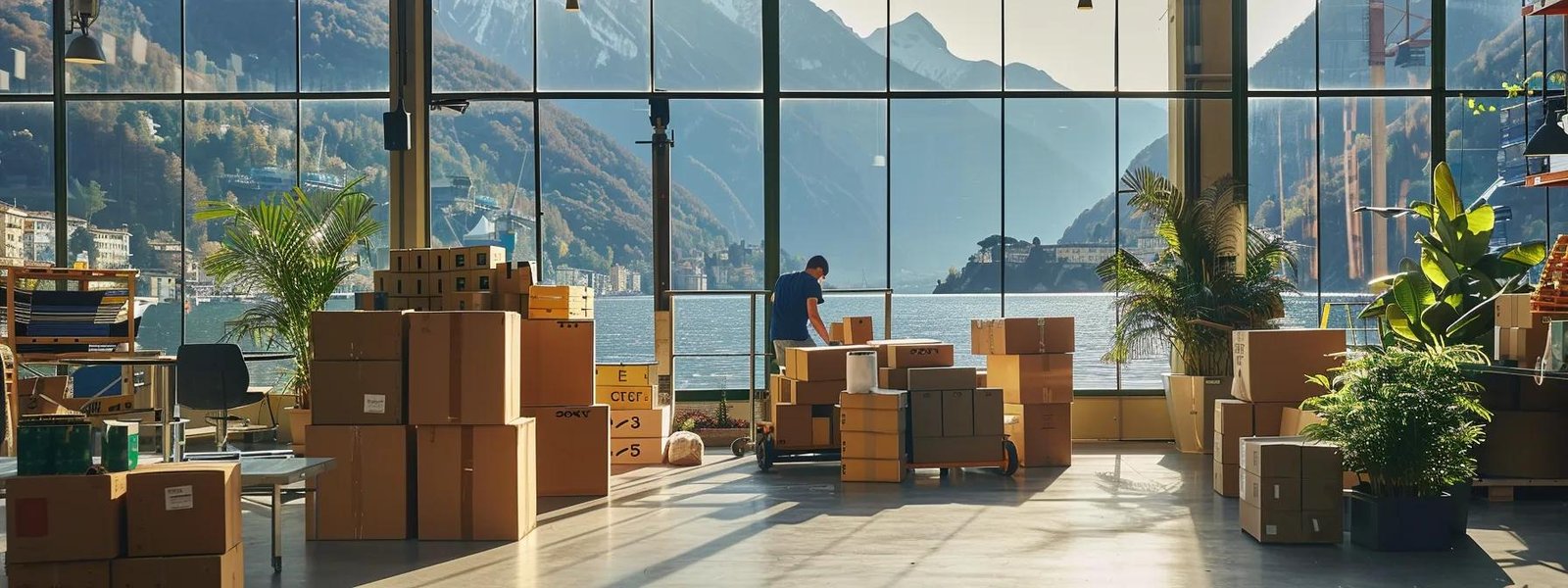 a dynamic urban scene captures local movers efficiently packing and moving boxes in a bustling, modern workspace near the scenic lake como, showcasing the intersection of logistics and breathtaking views.