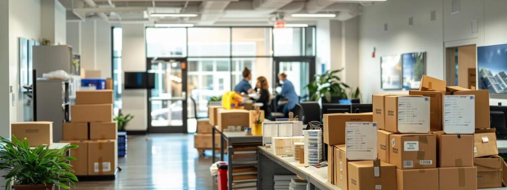 a dynamic urban scene captures a bustling real estate office in highlands, nj, where focused professionals engage in discussions about growing property values, surrounded by packing boxes that signify the excitement of new beginnings for relocating families.