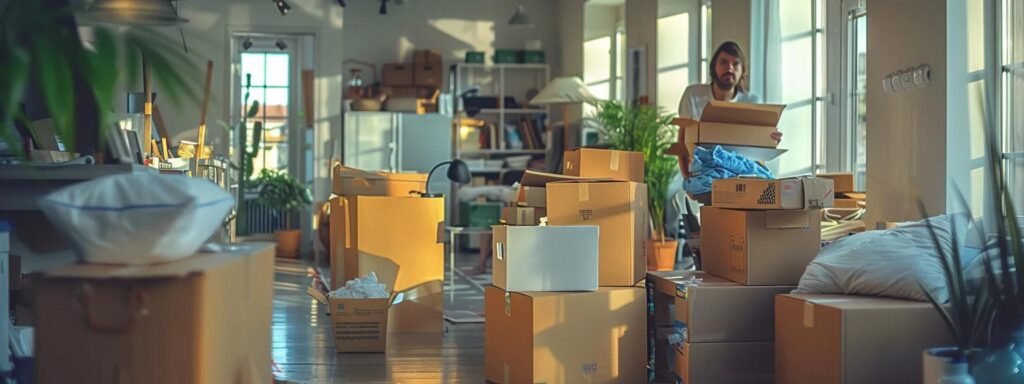 a vibrant indoor scene depicting a bustling moving day in a tidy monmouth beach apartment, with organized boxes stacked neatly while individuals diligently pack and prepare, embodying the essence of effective planning and organization for a stress-free moving experience.