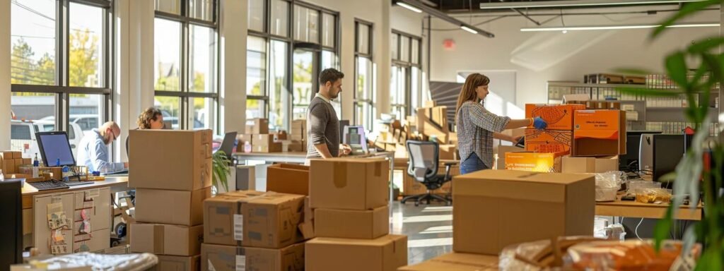 a vibrant office setting showcases professionals efficiently packing boxes and discussing logistics amidst organized moving supplies, epitomizing the bustling process of relocating in neptune, nj.