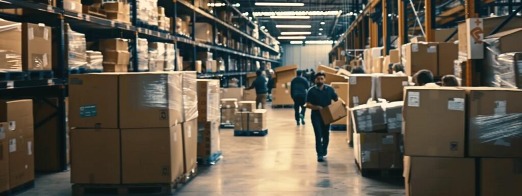 a bustling urban moving service in allentown, nj, showcasing a diverse team expertly packing and organizing boxes inside a modern warehouse.