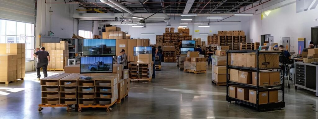 an organized and bustling indoor moving company office, showcasing well-trained staff efficiently packing and loading boxes onto specialized dollies, with modern tools and gps tracking screens prominently displayed, highlighting their commitment to timely and safe delivery.