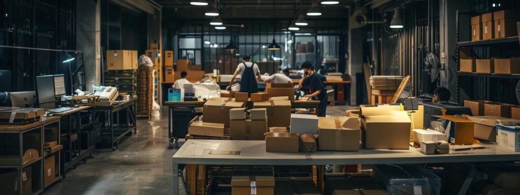 a bustling urban office environment captures a team of professionals efficiently packing and organizing boxes for a move, showcasing their determination amidst stacks of cardboard and packing materials.