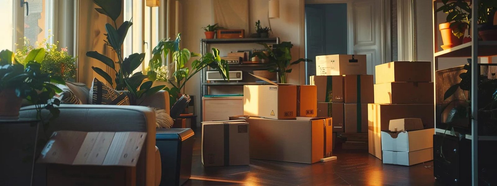 a dynamic urban moving scene captures professional movers skillfully packing and stacking boxes inside a modern apartment, showcasing the bustling energy of relocation while surrounded by contemporary decor.