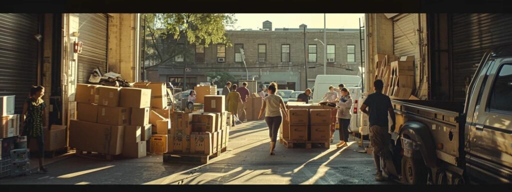 a bustling urban apartment loading dock filled with individuals energetically packing and stacking boxes into a moving truck, showcasing the organized chaos of a relocation in progress.
