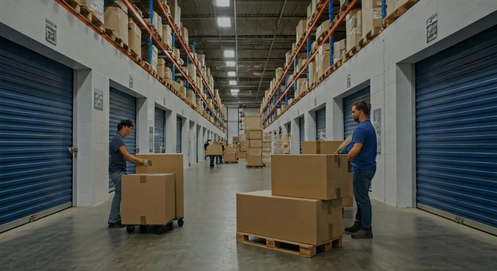 a bustling indoor moving and storage facility in farmingdale, nj, filled with neatly organized boxes and energetic workers efficiently packing and transporting items amidst a backdrop of vivid, colorful storage units.