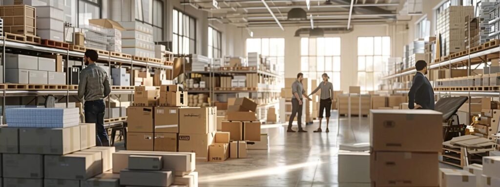 in a modern, bustling office space, a diverse group of professional movers is engaged in a dynamic discussion while surrounded by neatly stacked boxes and packed items, reflecting a seamless consultation process for a personalized moving quote.