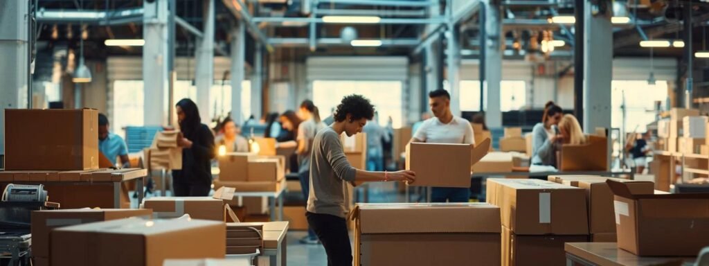 Modern office space with employees organizing and handling cardboard boxes, showcasing a collaborative work environment.