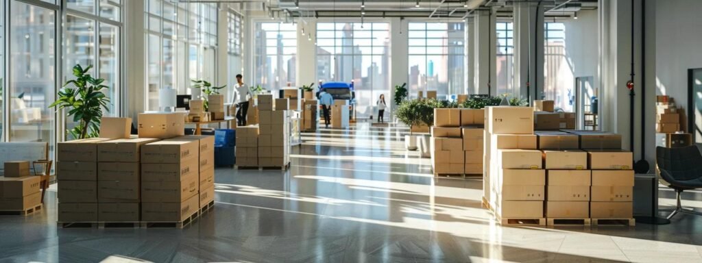 a bustling urban moving company office showcases professional movers expertly packing boxes, surrounded by stacks of neatly arranged cartons and vibrant, branded moving trucks visible through large windows.
