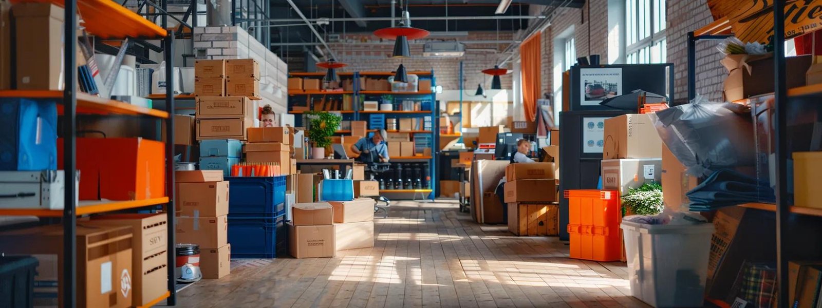a bustling urban moving company office, filled with energetic local movers expertly packing and stacking colorful boxes in an organized chaos of activity.