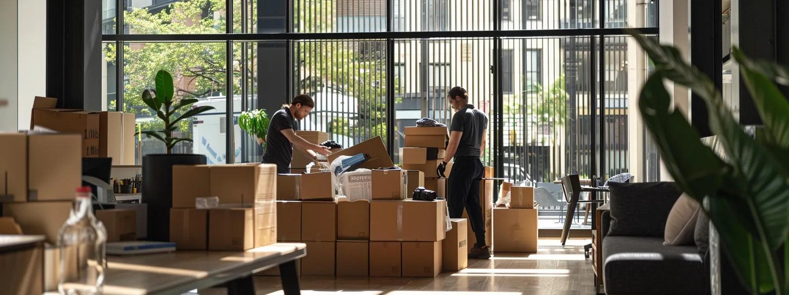 a bustling urban office setting showcases professional movers efficiently packing and loading sturdy boxes into a modern moving van, accentuating their organized teamwork and dedication to a seamless relocation.