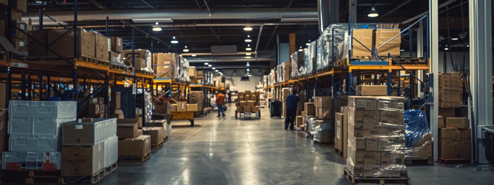 a bustling urban moving company in shrewsbury, nj, showcases professional movers energetically packing and stacking boxes inside a modern, well-organized warehouse, illuminated by bright overhead lights.