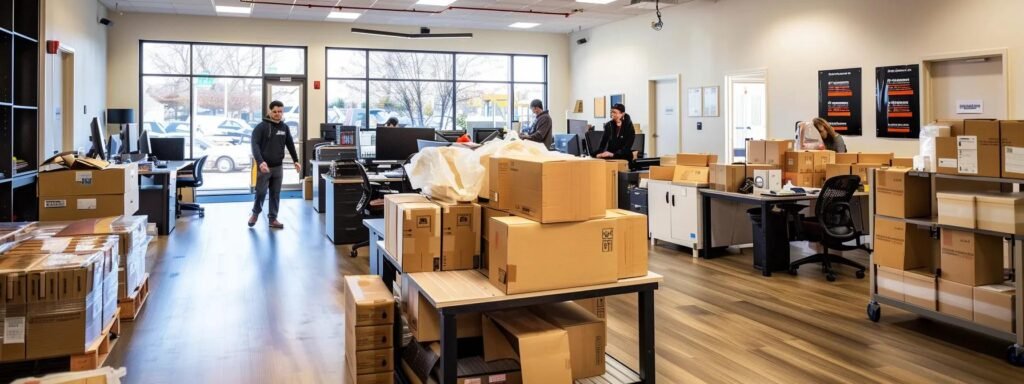 a bustling indoor moving company office in allentown, nj, showcases dedicated professionals efficiently packing and organizing boxes, embodying the essence of customized residential and commercial relocation services.