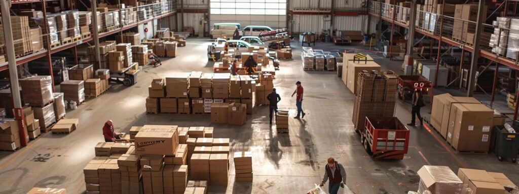 a bustling moving company in allentown, nj, captures a dynamic scene of professionals efficiently packing and stacking boxes in a well-organized, modern warehouse space.