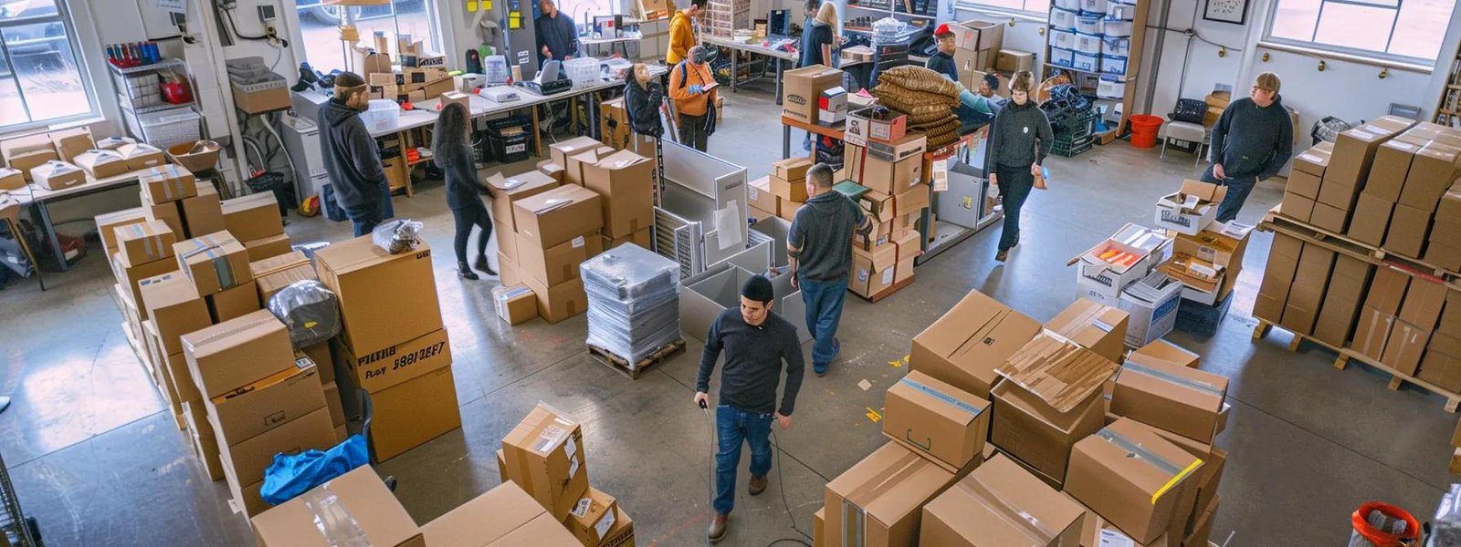 a bustling moving company office in belmar, nj, showcases professionals efficiently packing and stacking boxes, surrounded by efficient organizational tools and moving supplies that highlight the dynamic nature of the moving industry.
