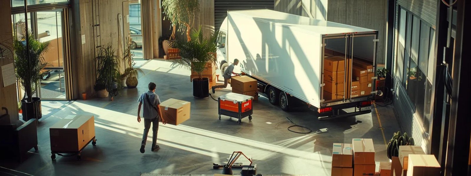 a bustling office environment showcases professional movers expertly packing and loading boxes into a sleek, modern moving truck, emphasizing efficiency and teamwork in a dynamic urban setting.