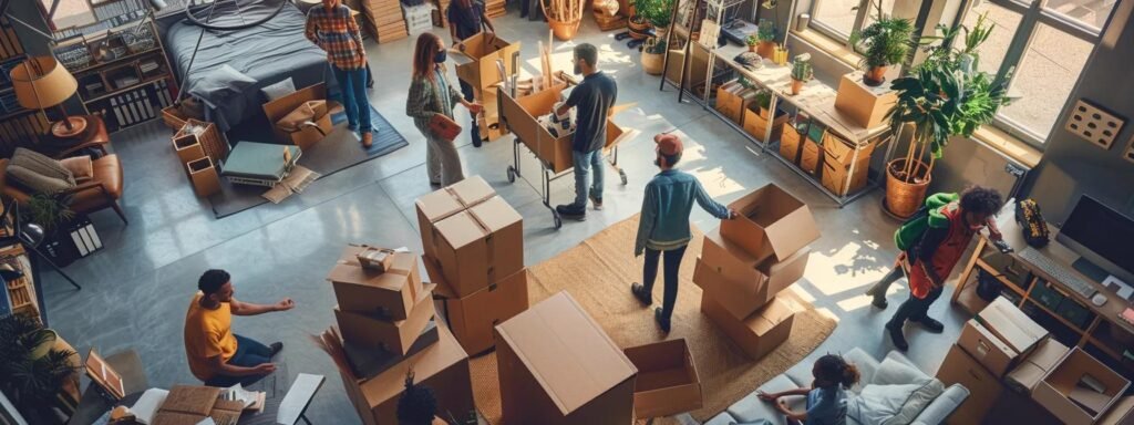 a bustling urban apartment interior shows a diverse group of individuals energetically packing and organizing boxes, surrounded by labeled containers and moving supplies, conveying an atmosphere of focused preparation for a seamless relocation with allentown nj moving services.