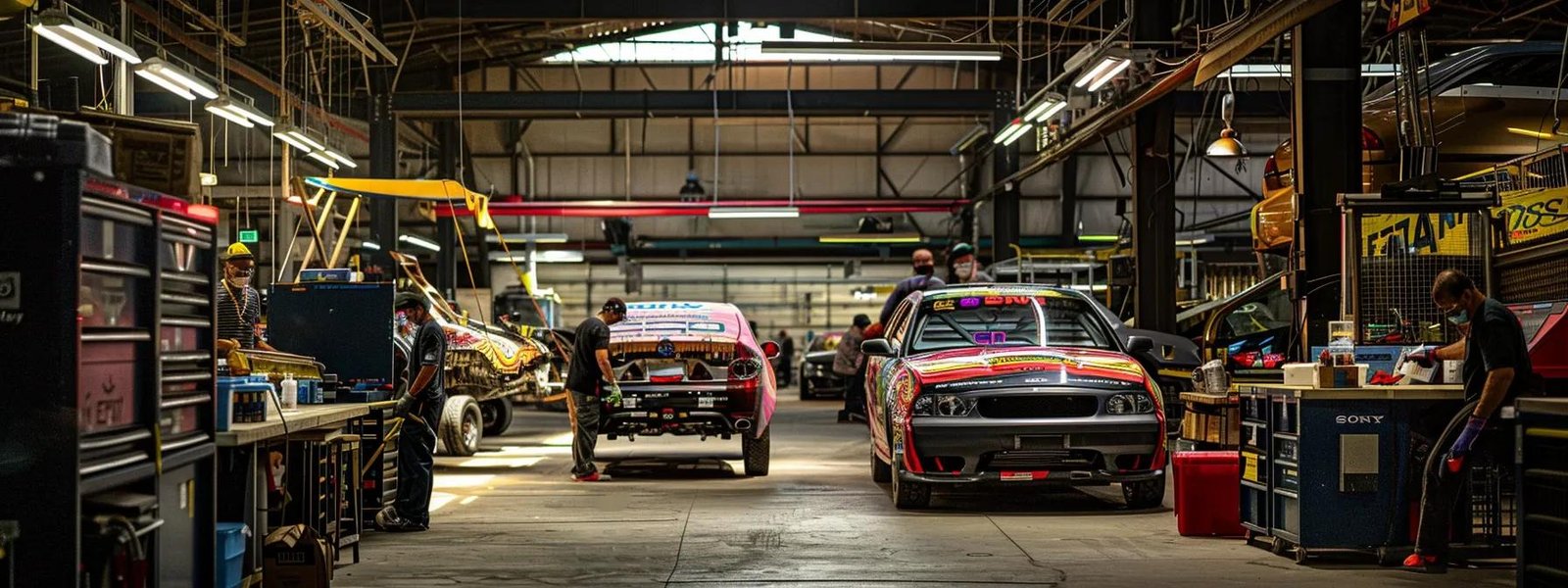 a bustling urban car wrap shop showcases vibrant vehicles in various stages of transformation while workers focus intently on packing supplies and organizing materials amidst the energetic atmosphere.