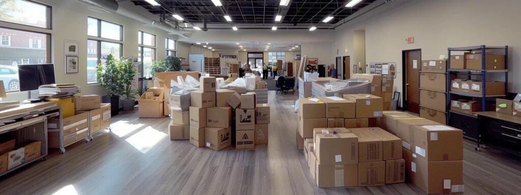 a bustling urban moving company office in brielle, nj, showcases a professional team energetically packing and organizing boxes, highlighting their local expertise and dedication to efficient customer service.
