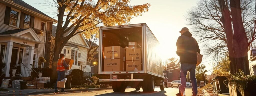 a bustling urban moving scene captures professional movers efficiently packing and loading boxes into a sleek moving truck, showcasing the seamless effort of next door movers in eatontown, nj, with a clear emphasis on organization and transparency in their services.