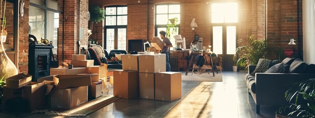 a bustling urban moving scene inside a spacious, well-lit apartment, showcasing a team of dedicated movers expertly packing and organizing sturdy boxes, with a backdrop of modern furniture and clear signs of a transitioning home.