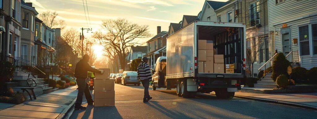 a bustling urban moving scene shows diverse professionals efficiently packing boxes and loading a moving truck outside a suburban home in hazlet, nj, illuminated by bright overhead fluorescent lights and set against a vibrant city backdrop.