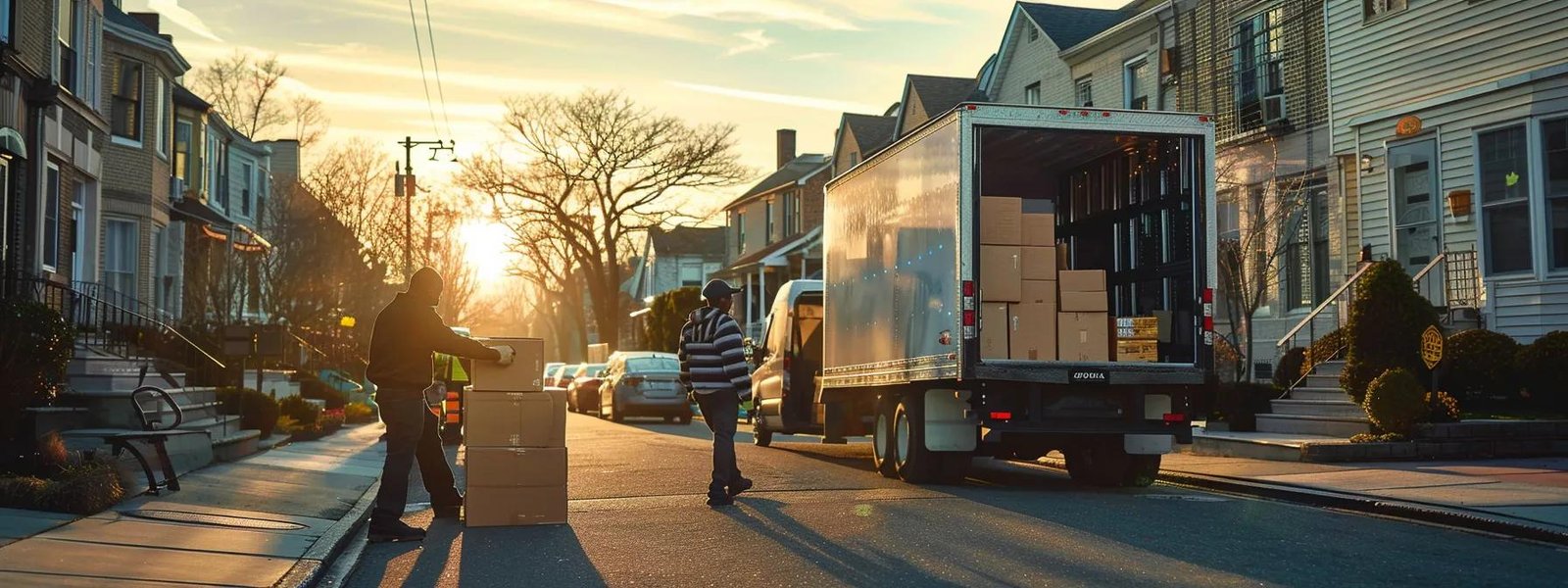 a bustling urban moving scene shows diverse professionals efficiently packing boxes and loading a moving truck outside a suburban home in hazlet, nj, illuminated by bright overhead fluorescent lights and set against a vibrant city backdrop.