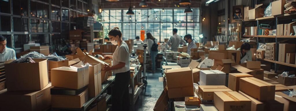 a bustling urban office filled with professionals meticulously packing boxes and organizing their belongings, embodying the energy and diligence of a smooth moving process.