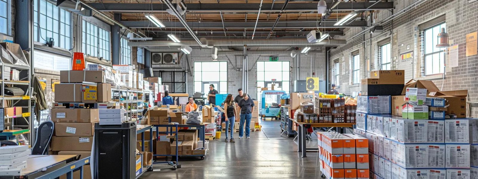 a bustling urban office setting captures the essence of a moving company in brielle, nj, with focused movers expertly packing and stacking a variety of colorful boxes in a well-organized workspace, illuminated by bright overhead lights.