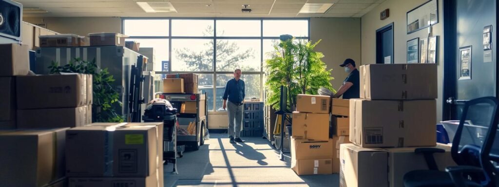 a bustling urban office setting showcases a professional moving team efficiently packing boxes into a modern truck, highlighting their expertise and commitment to customer satisfaction in allentown, nj.