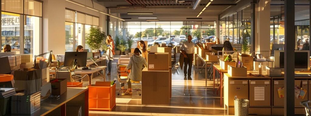a bustling urban office space features a diverse team of professionals actively packing and sorting boxes, surrounded by moving supplies, exuding an atmosphere of organization and efficiency as they navigate the complexities of moving costs in hazlet, nj.