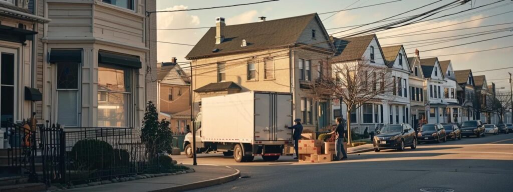 a bustling urban setting in hazlet, nj, showcases a local moving company with professional movers expertly packing and loading boxes into a vibrant, branded truck, emphasizing their deep knowledge of the area and commitment to customer satisfaction.
