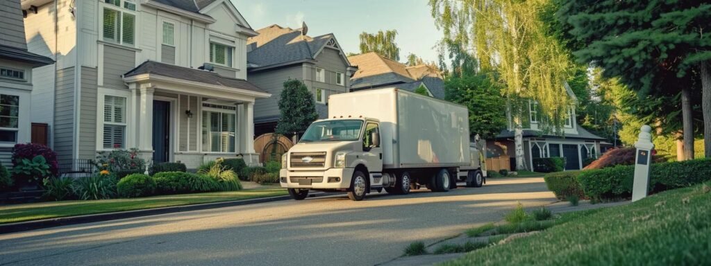 a dynamic urban moving scene captures a team of professional movers in smart uniforms efficiently packing and loading boxes into a modern moving truck parked in front of an inviting suburban home, showcasing their dedication to quality service across diverse neighborhoods.